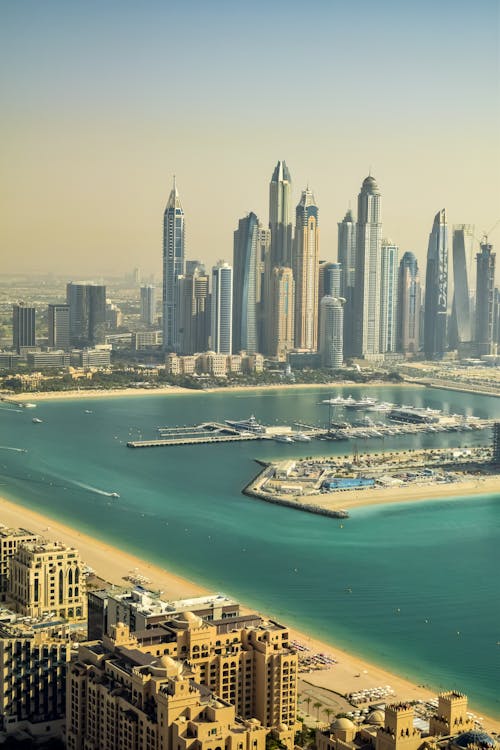 Free Drone Shot of Buildings at the Palm Island in Dubai Stock Photo