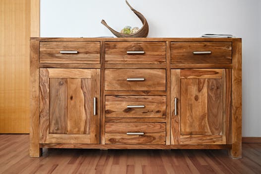 Beautiful wooden cabinet with sleek handles and natural wood grain, ideal for stylish interiors.