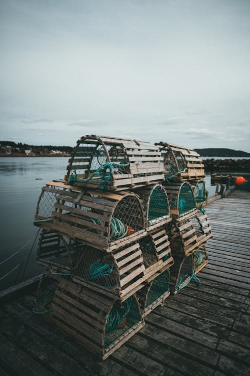 Stacked Lobster Pots on Wooden Dock