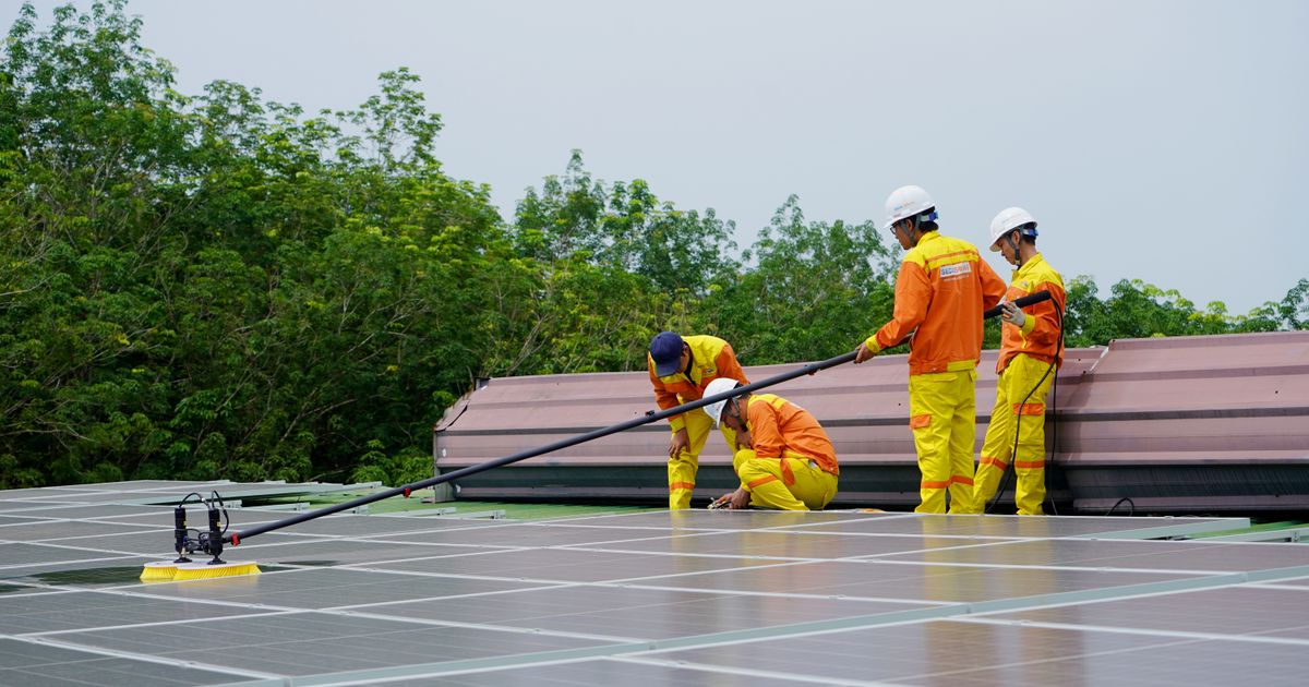 Zwei Arbeiter reinigen Solarmodule mit Bürste und Wasser – Photovoltaikreinigung als Dienstleistung anbieten
