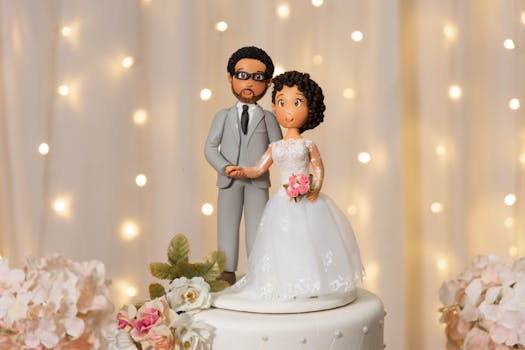 Cute bride and groom figurines on a beautifully designed wedding cake with floral decor.