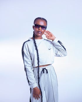 Contemporary portrait of a black woman in stylish activewear with sunglasses.