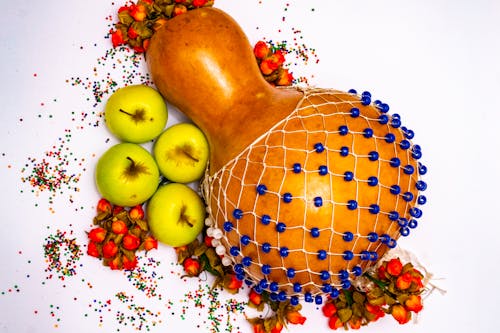 Beaded Gourd Rattle and Fruit Composition 