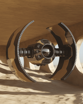 A close-up of a modern drone with metallic design hovering near a sandy background.