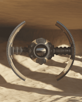 A modern drone with a unique design hovering above a sandy surface, casting a shadow.
