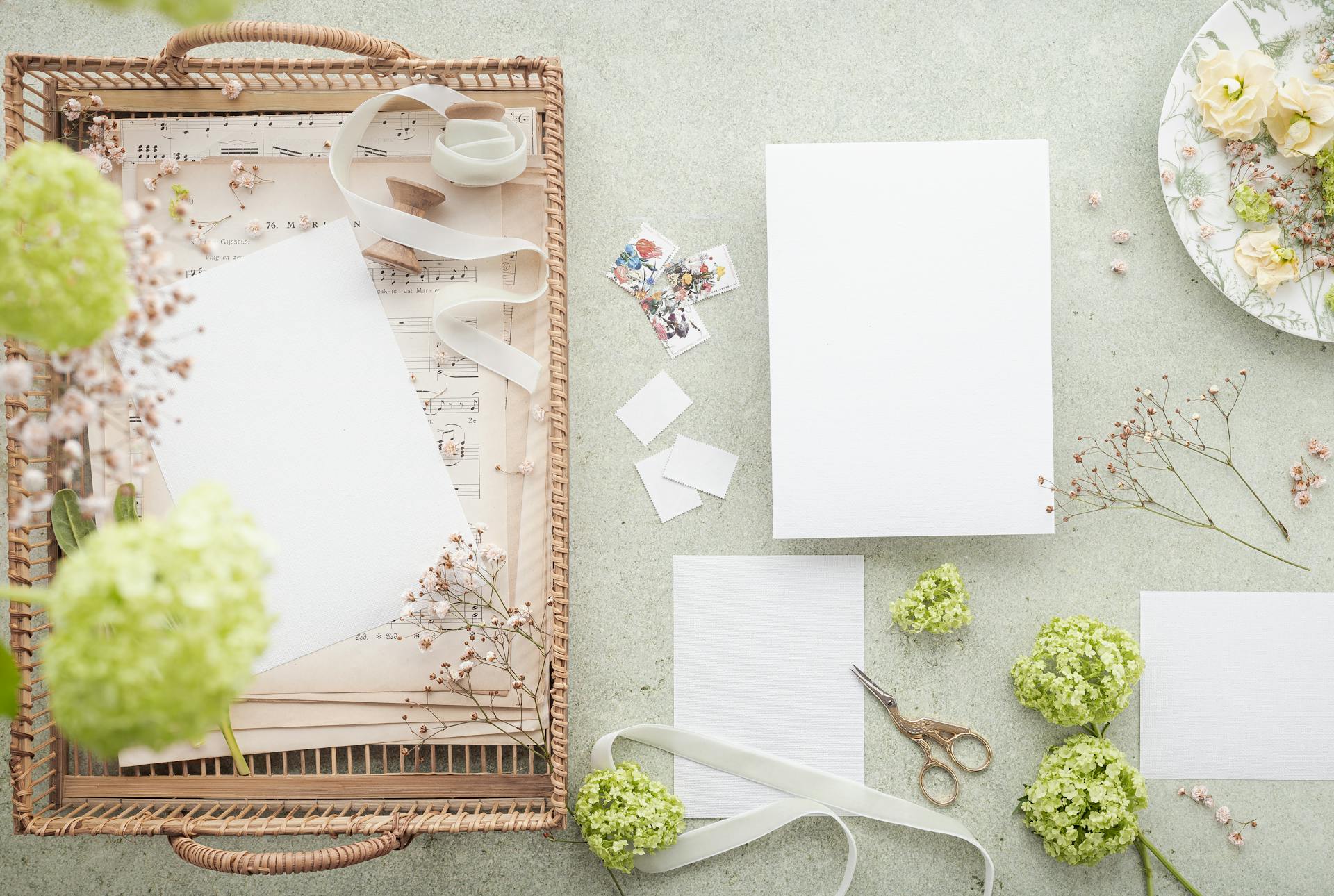 A styled flat lay featuring wedding invitations with green floral accents and stationery items.