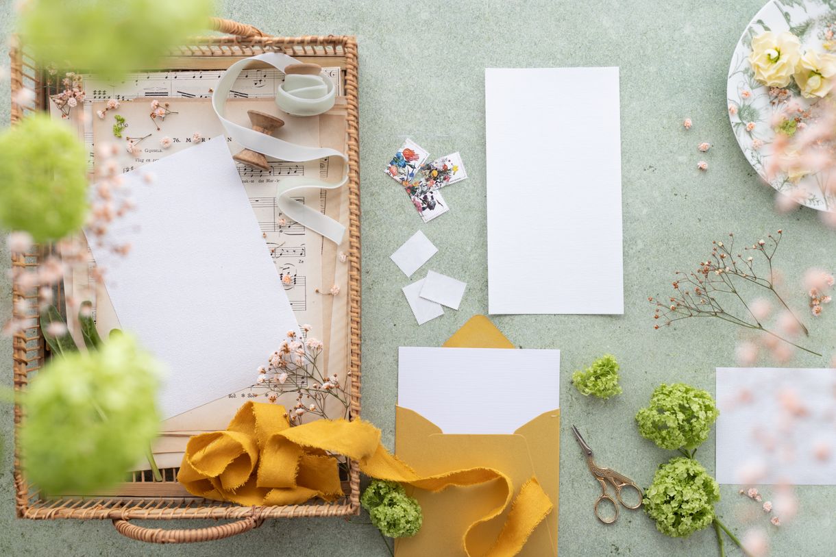 Paper, ribbon and greenery arranged on a work surface, photo by Micheile Henderson on Pexels