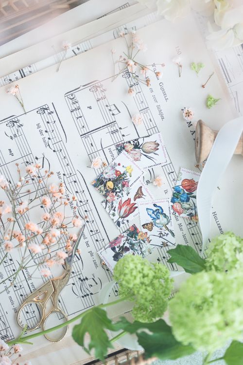 Free Vintage floral elements and music sheets create a delicate flat lay scene. Stock Photo