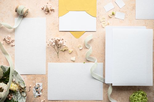Free A flat lay of stationery, flowers, ribbons, and envelopes on a textured surface. Stock Photo