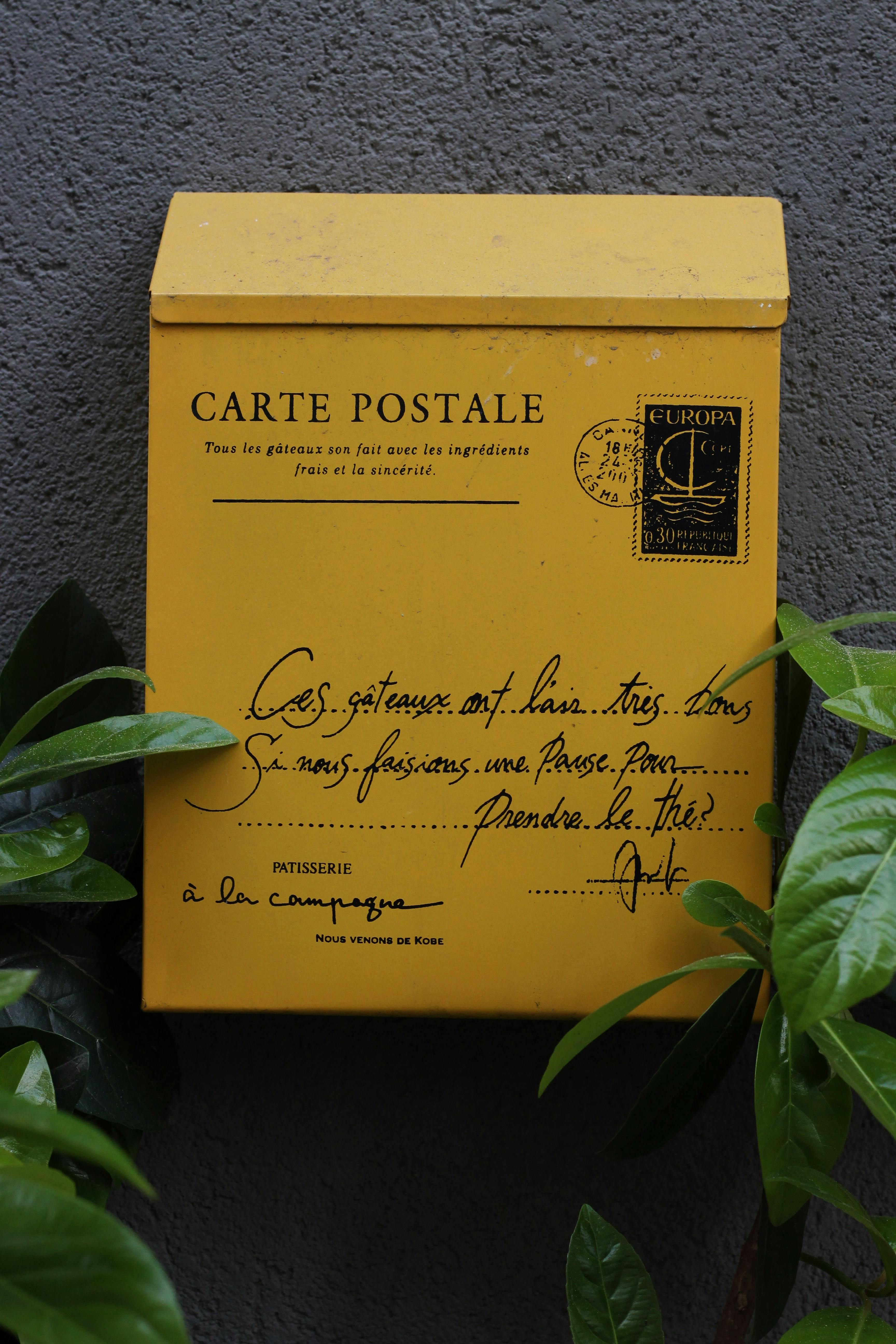 A close-up of a yellow French mailbox with decorative handwriting and plants around it.