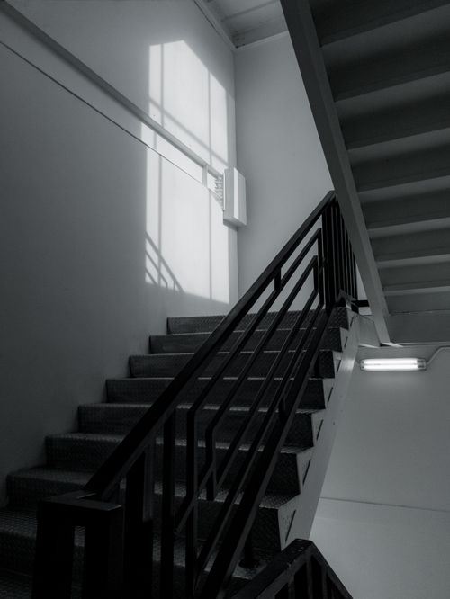 Free Artistic black and white staircase with strong geometric shadows and natural light. Stock Photo