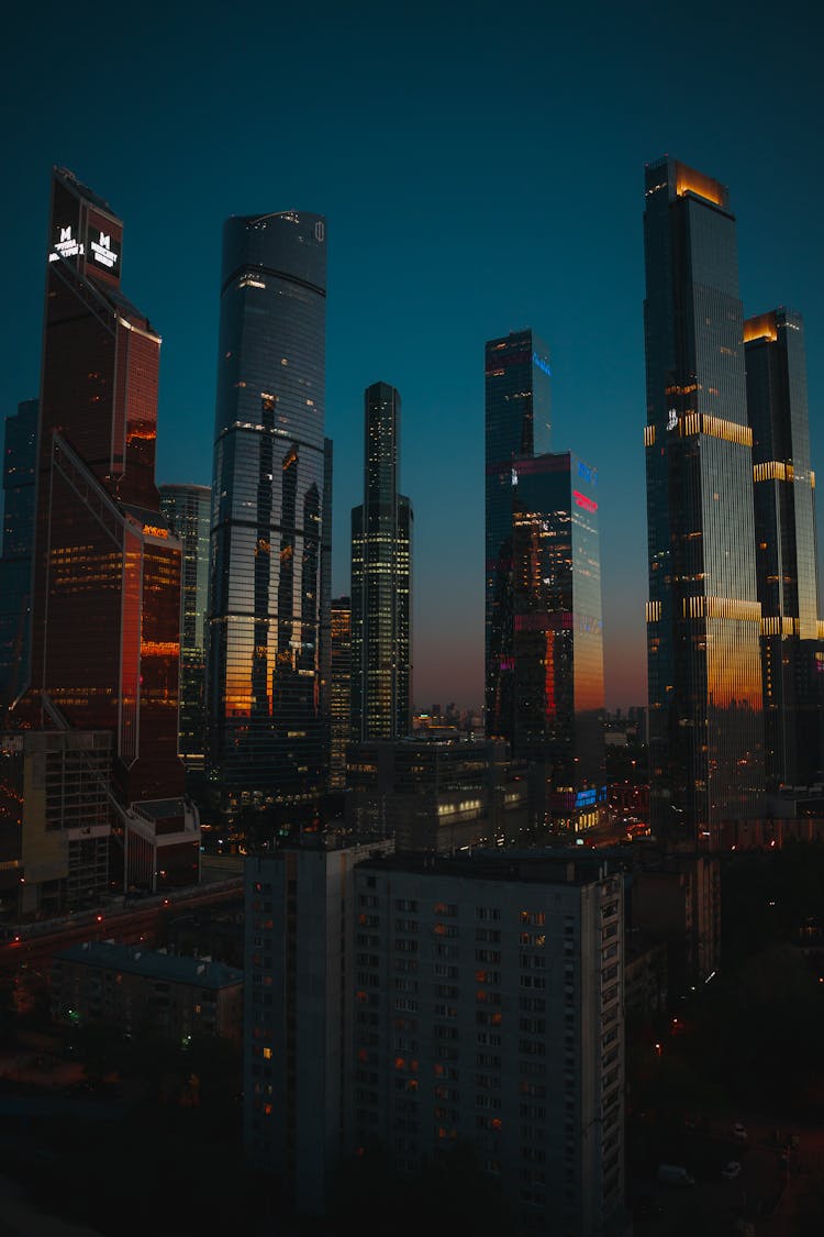 Skyscrapers In City Of Moscow Russia By Sunset 