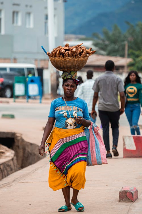 Woman Carrying Basket Full of Vegetables on Head
