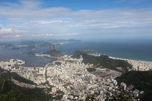 Free Breathtaking aerial view of Rio de Janeiro with Sugarloaf Mountain and Guanabara Bay. Stock Photo