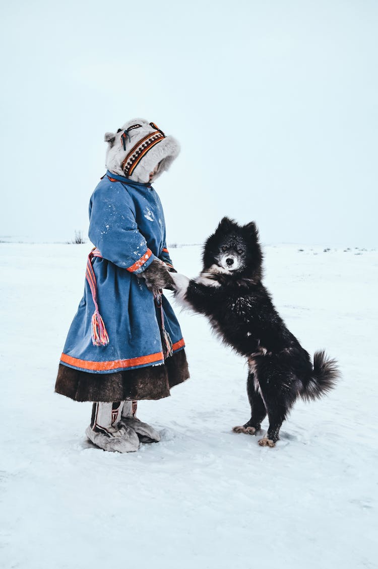 Russian Girl And Dog In The Snow