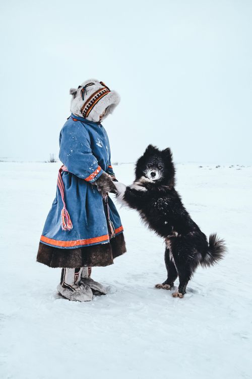 Free Child in traditional winter clothing plays with dog on snowy landscape, capturing warmth and playfulness. Stock Photo