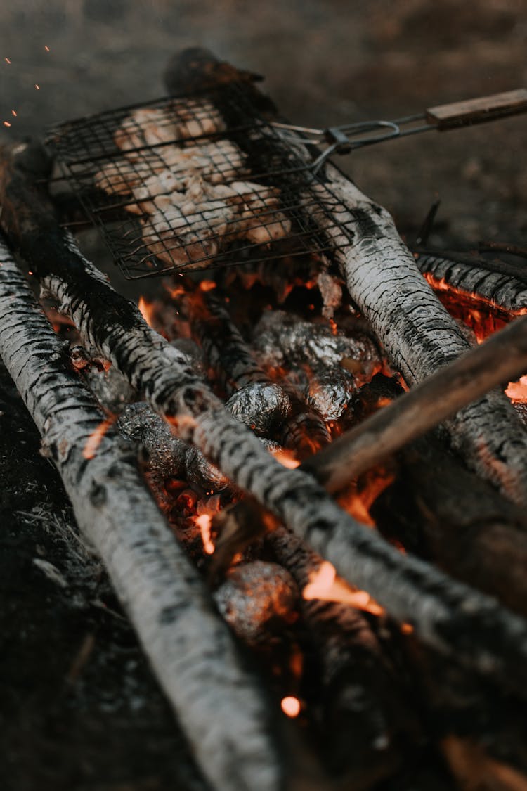 Burning Logs Of Bonfire And Food Fried In Grill Basket