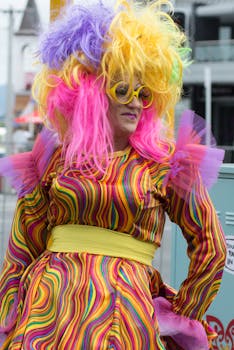 Colorful and vibrant portrait of a person in a whimsical costume with a bright wig and sunglasses.