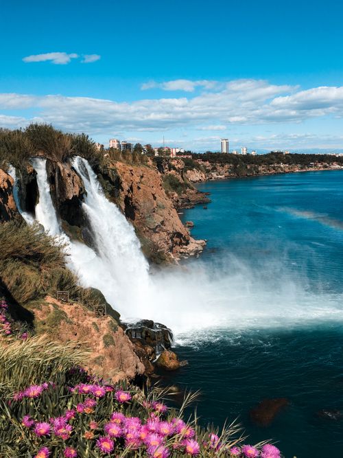 Free Stunning view of Duden Waterfalls cascading into the Mediterranean Sea in Antalya, Turkey. Stock Photo