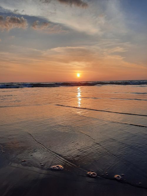 Free Peaceful sunset at Gokarna Beach with golden reflections on the ocean waves and pink skies. Stock Photo