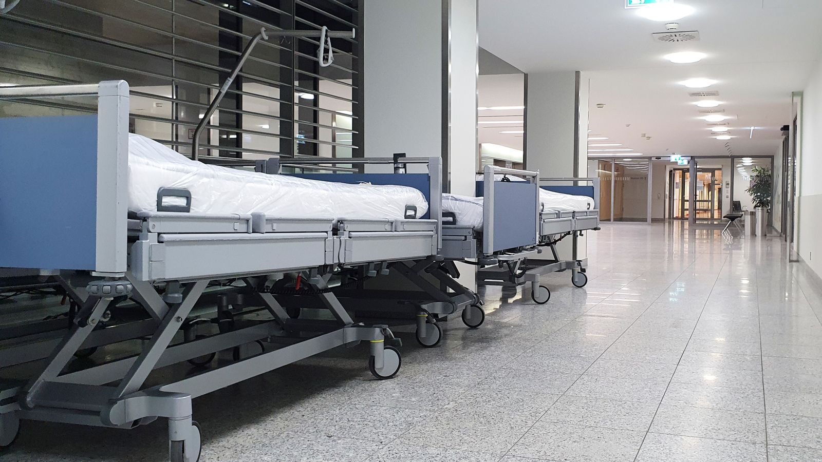 Adjustable medical beds lined up for clinical use