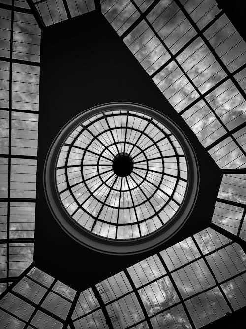 Grayscale Photo of the Ceiling in the Corn Exchange Building in Manchester