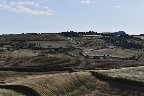 Free Captivating rural landscape in Sicily with rolling fields and distant hills under a clear blue sky. Stock Photo
