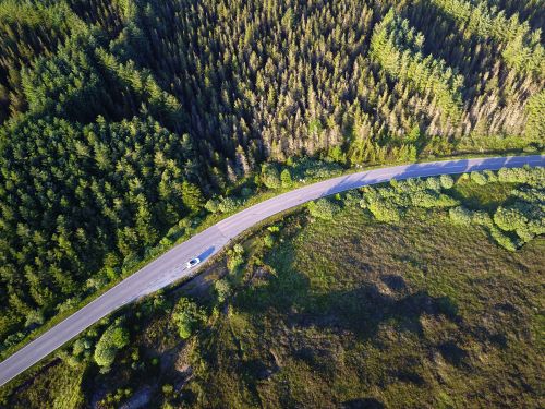Free Drone shot of a curving road through lush forest in Highland, Scotland, during summer. Stock Photo