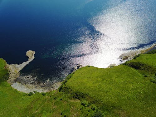 Green Grass Land With Blue Body of Water Below