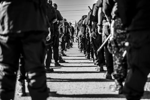 Soldiers Standing in Formation in Black and White