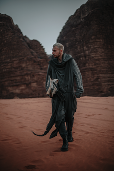 A lone figure in dark attire walks through a vast desert landscape with towering cliffs.