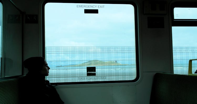 Young Woman Travelling On Train Sitting By Window