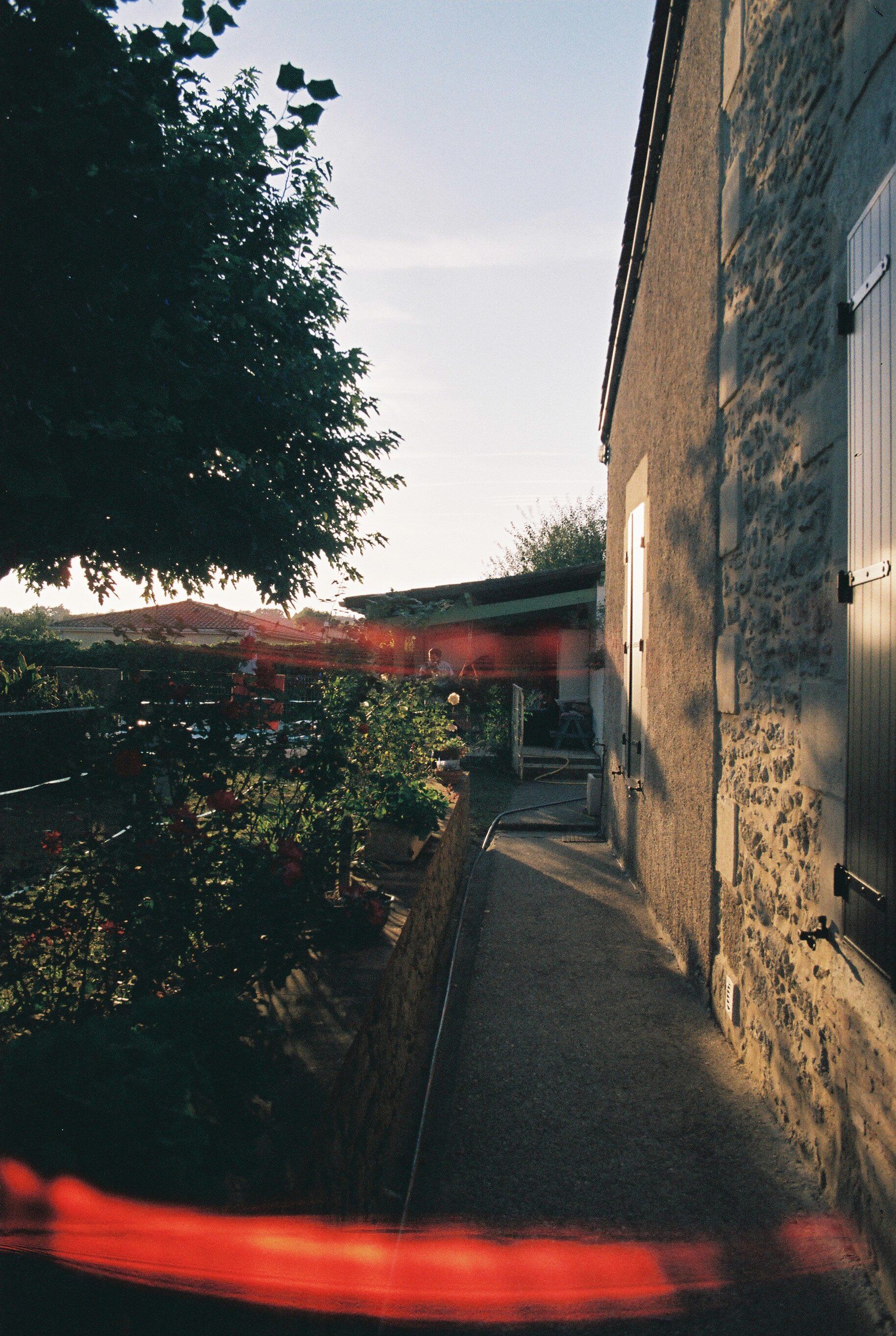 Quiet suburban house exterior during sunset with lush garden and pathway.