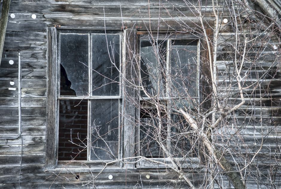 A leafless tree against a dilapidated wooden house facade with a broken window in winter.