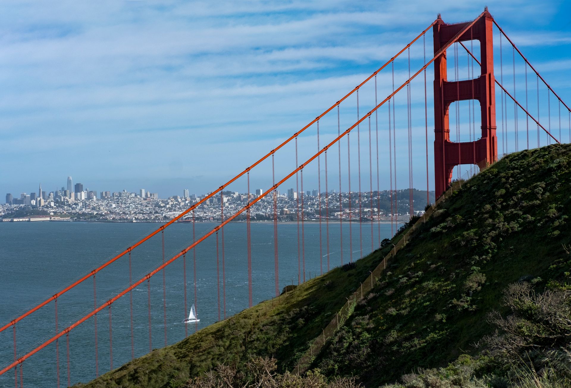 Golden Gate Bridge with San Francisco skyline in bright daylight