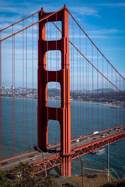 Free A stunning vertical view of the Golden Gate Bridge in San Francisco against clear blue skies. Stock Photo