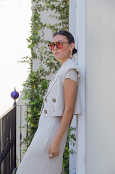 Stylish woman in sunglasses posing outdoors by a vine-covered wall in elegant attire.