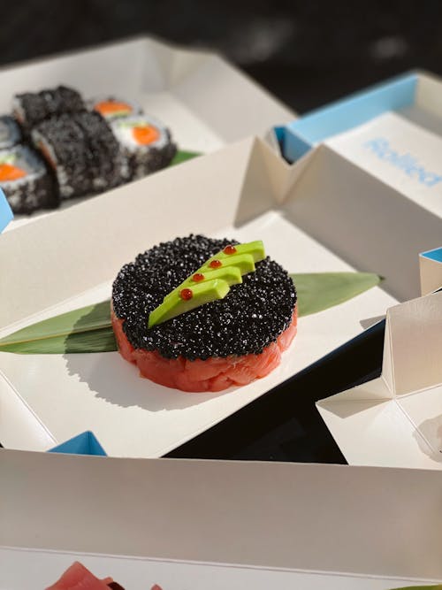 Free Tuna Tartare with Caviar and Avocado Slices Stock Photo
