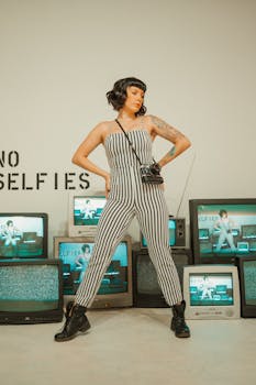 Fashionable woman poses with vintage TVs and a camera, capturing retro vibes.