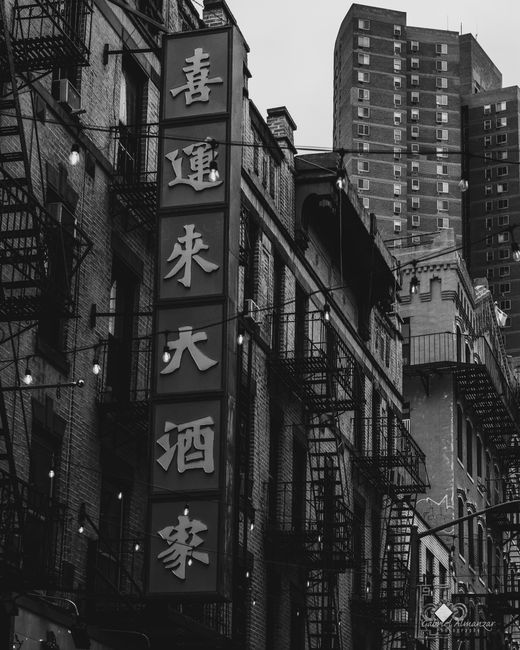 Grayscale urban view of Chinatown highlighting architecture and signage.