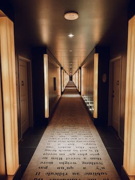 A long, luxurious hotel hallway with modern lighting, creating a sophisticated atmosphere.