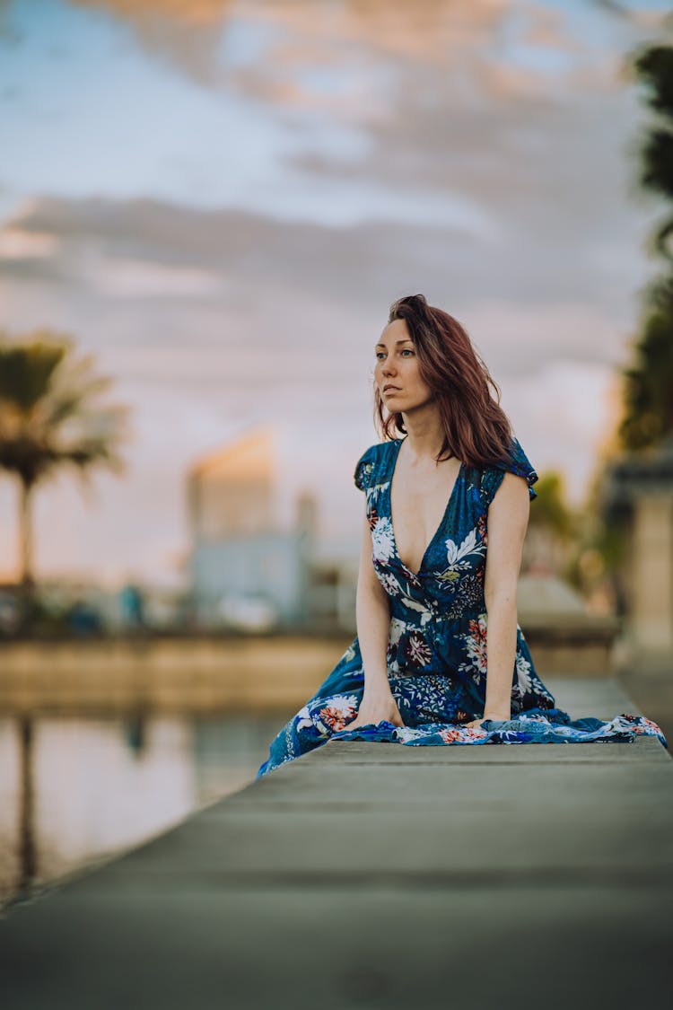 Brunette Woman In Dress On Pier