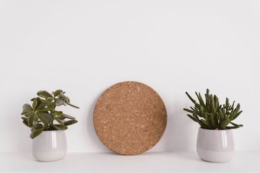 以软木塞板为背景，两盆多肉植物放在白色架子上，营造出极简主义的环境
