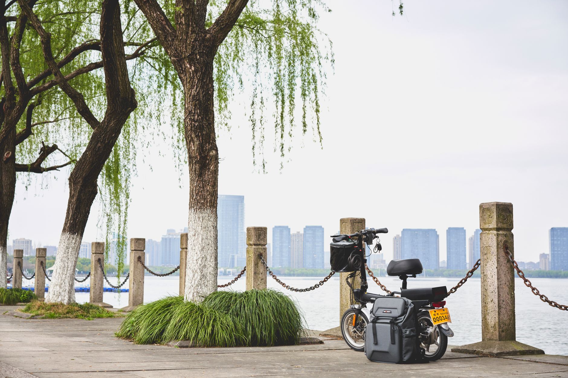 Electric bike parked along waterfront with city skyline in background.