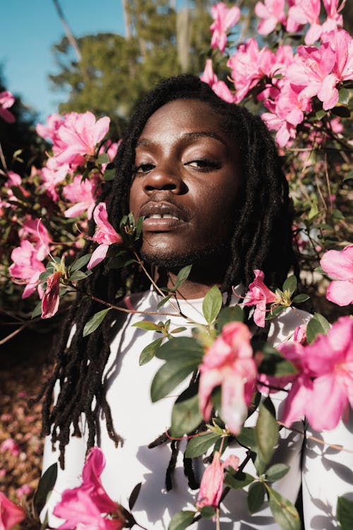 Close-up Photo of Man surrounded with Pink Flowers 