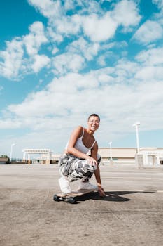 Trendy young woman enjoying a sunny day with her longboard in Florida.