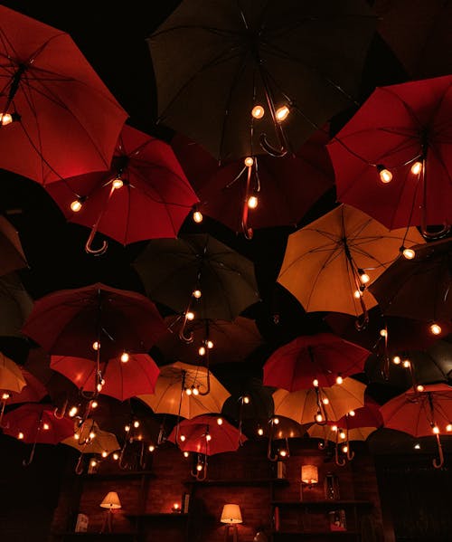 Hanging Umbrellas and Light Bulbs in a Restaurant