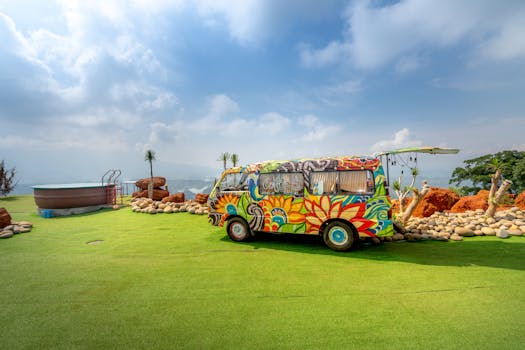 Vibrant hippie-style van parked on a grassy field under a blue sky, offering a retro travel vibe.