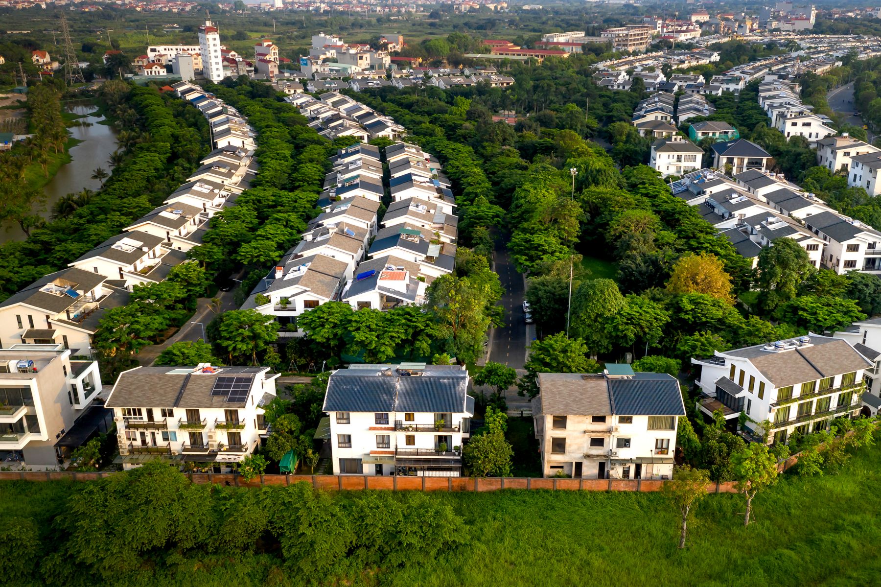 Aerial view of a residential neighborhood and its properties