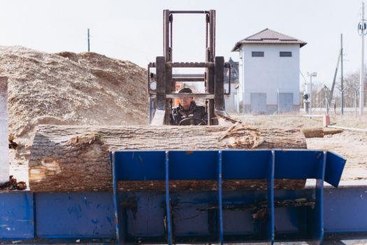 Man driving a forklift carrying logs at an outdoor industrial site.